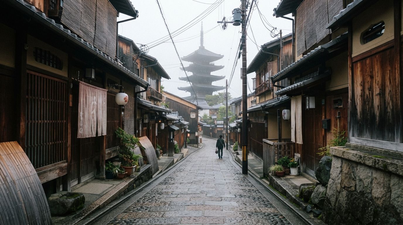 A stone lane of wooden houses in Kyoto with a pagoda at the end