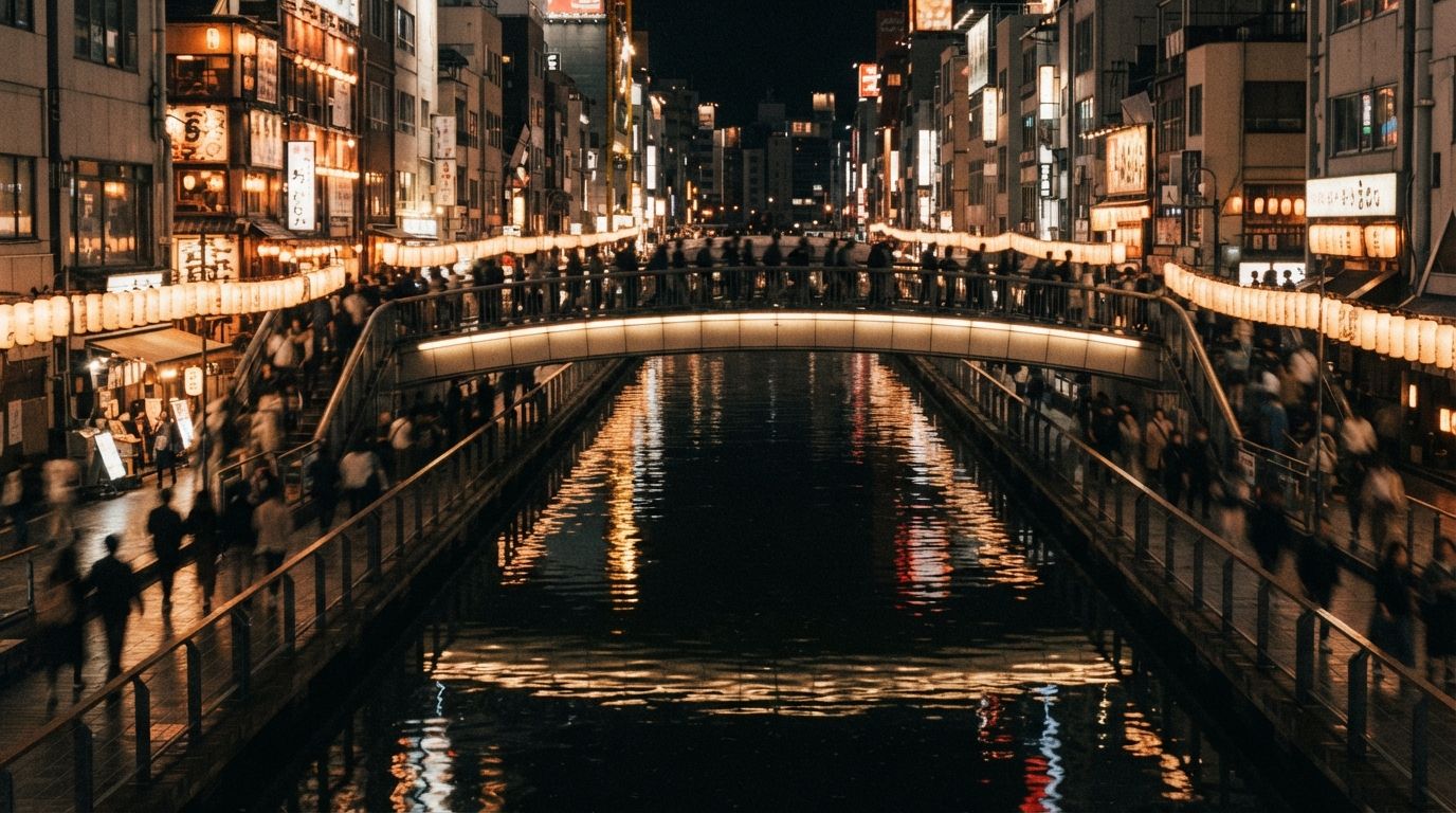 An Osaka canal at night with a lit footbridge full of people