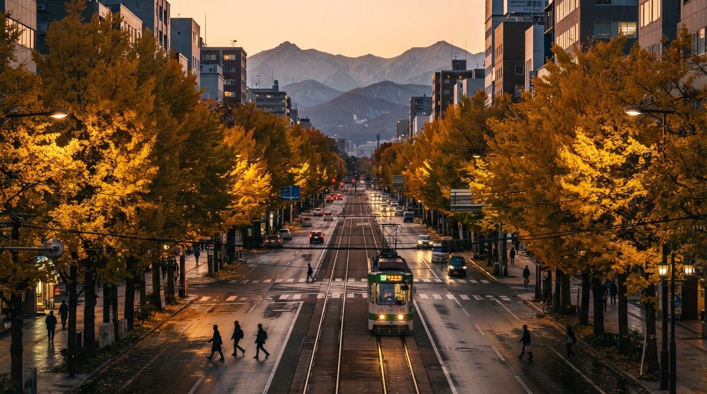 A Sapporo avenue of yellow ginkgo trees with a tram and the mountains behind