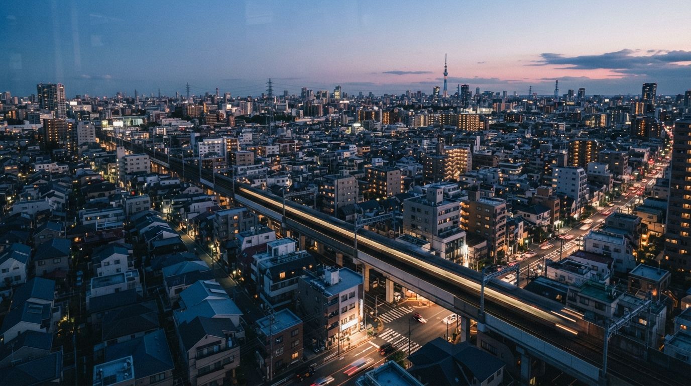 Tokyo at dusk from above, a train line running through the city