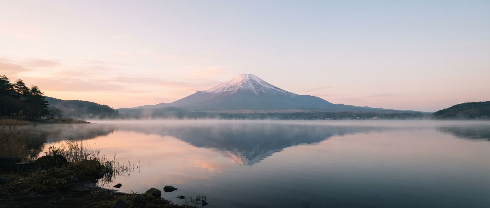 朝の湖と富士山のイラスト
